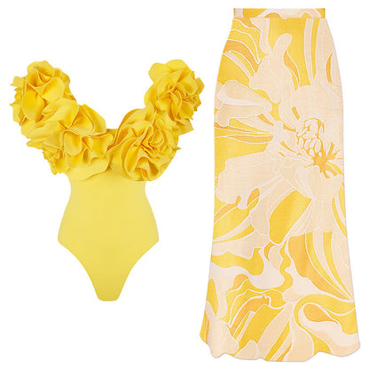 Three-dimensional Flower Tube Top High-grade Solid Color One-piece Swimsuit Suit