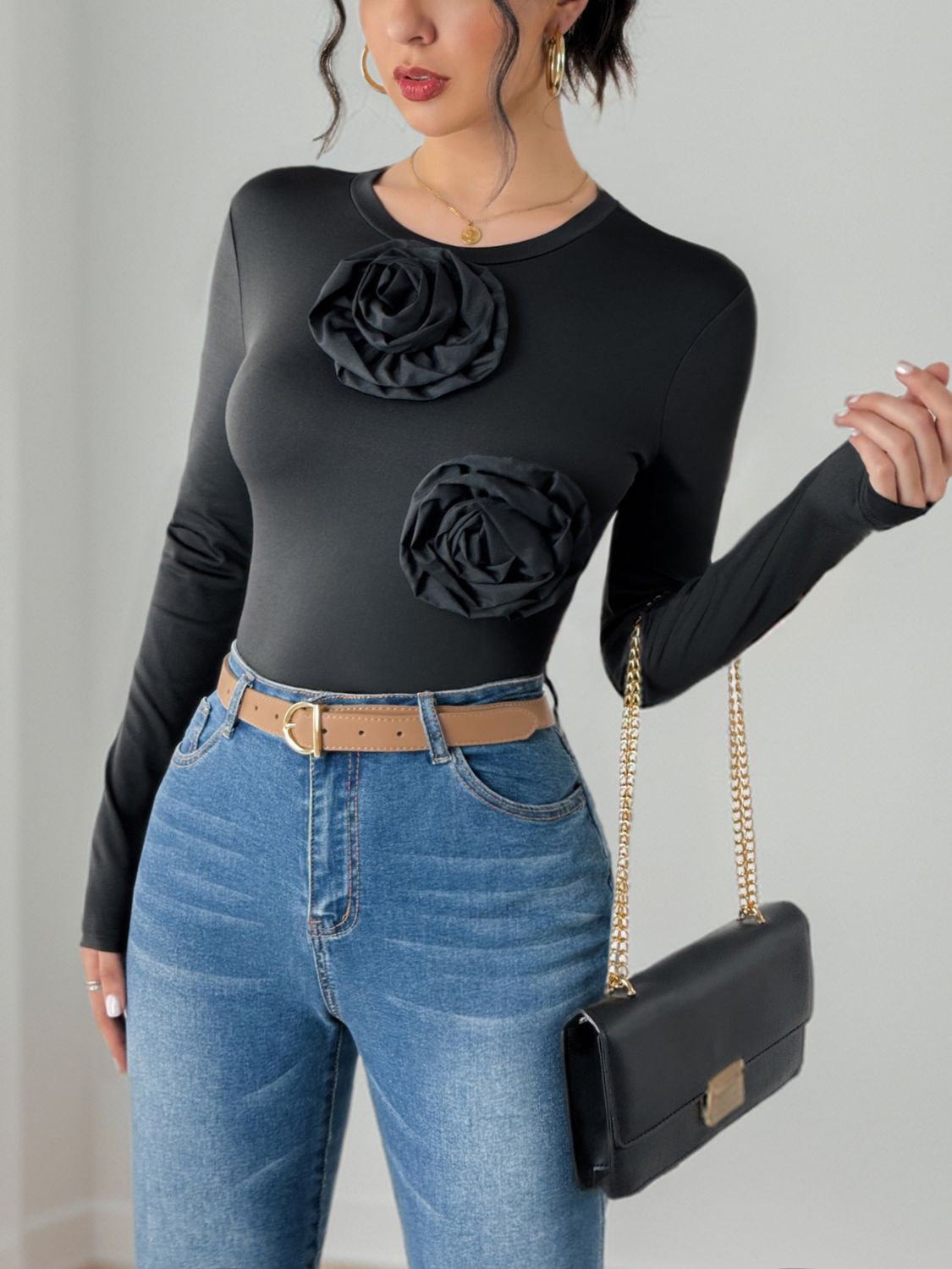 Perfee Flower Round Neck Long Sleeve Bodysuit