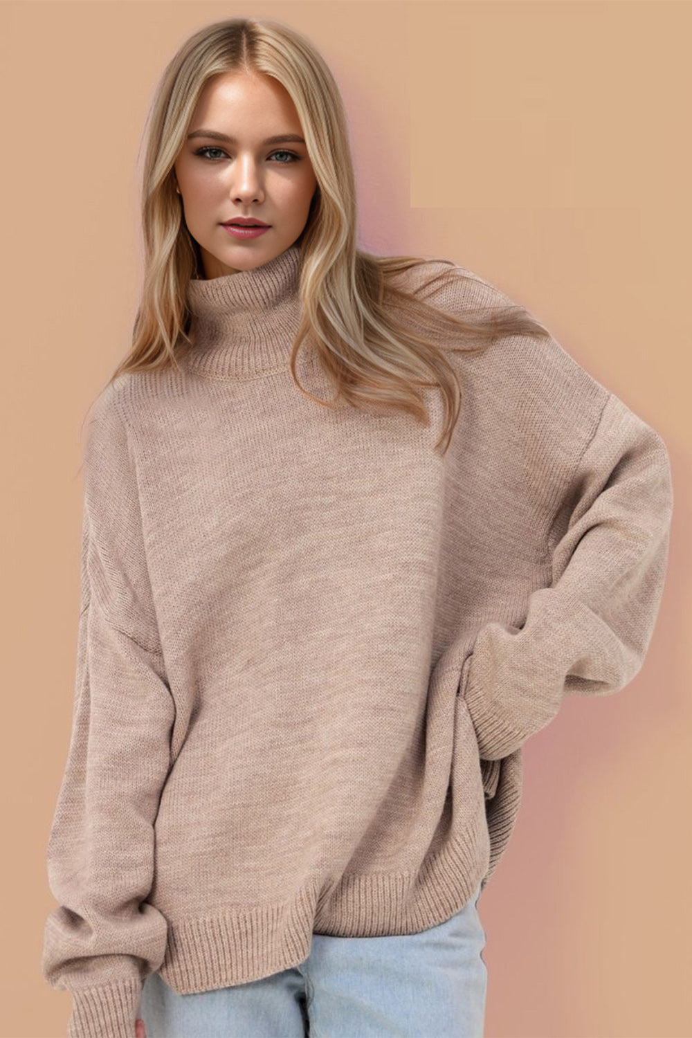 Basic Bae Side Slit Turtleneck Long Sleeve Sweater