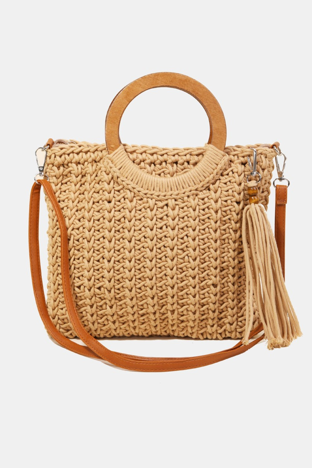 Fame Crochet Knit Convertible Tote Bag with Tassel