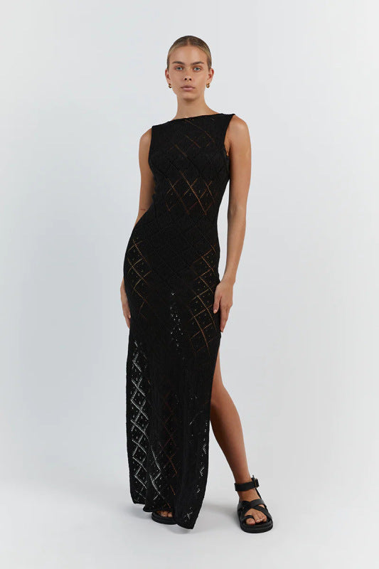 Hollow knitted sleeveless long slit dress