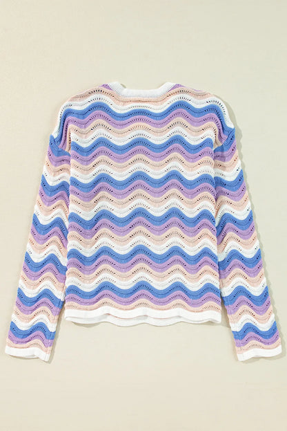 Contrast Wave Stripe Long Sleeve Sweater