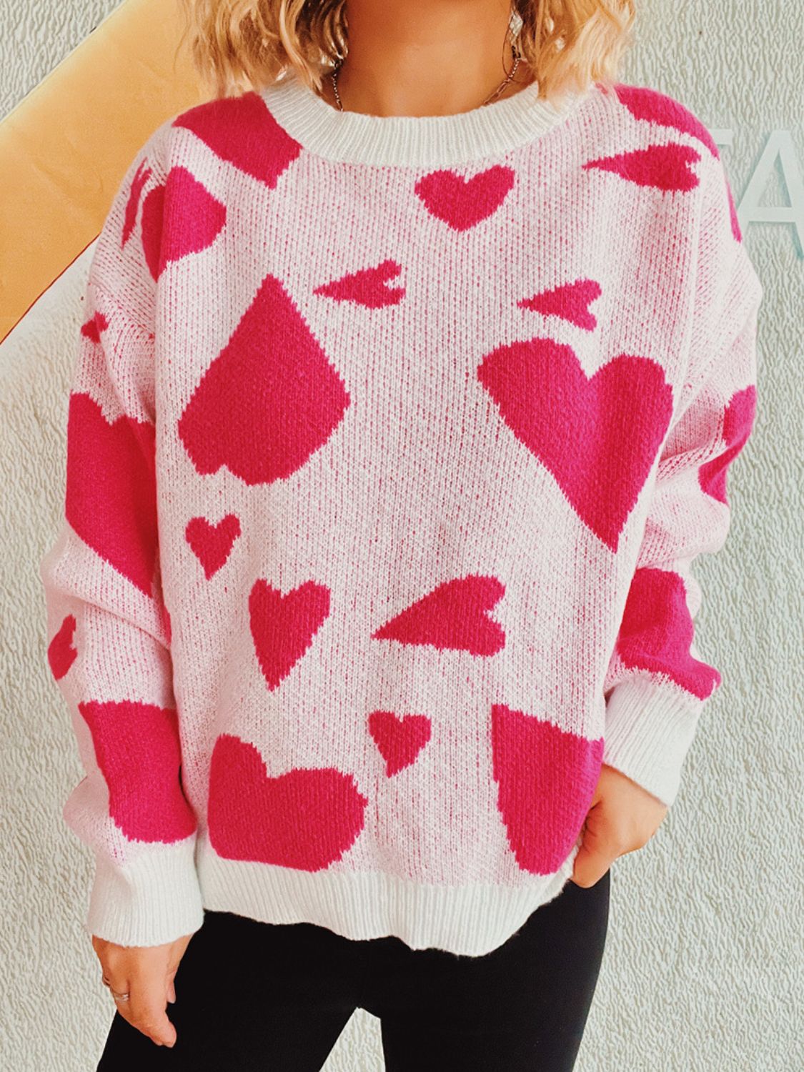 Heart Round Neck Long Sleeve Sweater