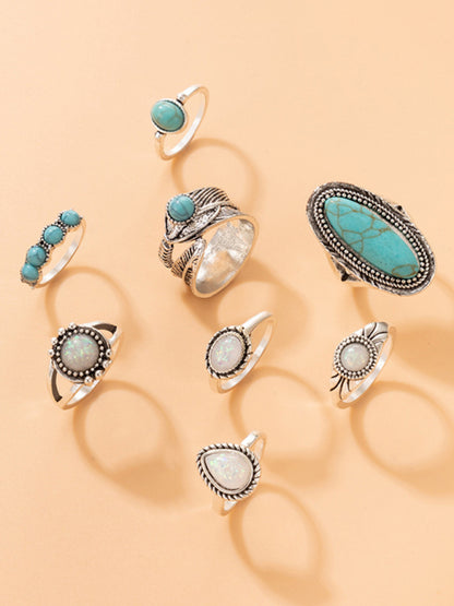 Ethnic style retro inlaid turquoise carved feather ring fashion 8-piece combination ring set