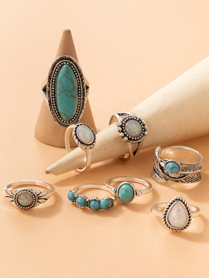 Ethnic style retro inlaid turquoise carved feather ring fashion 8-piece combination ring set