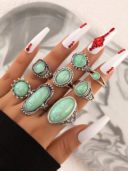 Ethnic style retro inlaid turquoise carved feather ring fashion 8-piece combination ring set