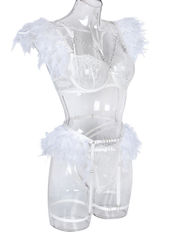 Sexy Lingerie-Lace Feather Sexy Lingerie Four-piece Set