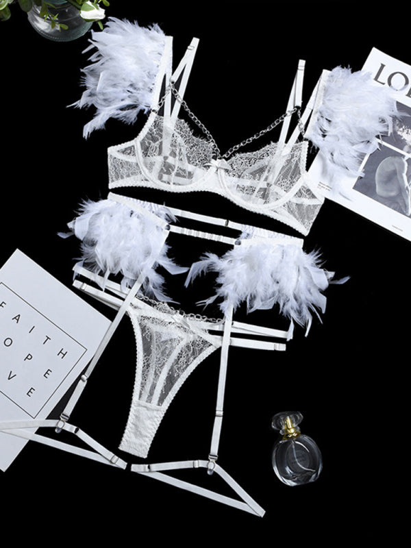 Sexy Lingerie-Lace Feather Sexy Lingerie Four-piece Set