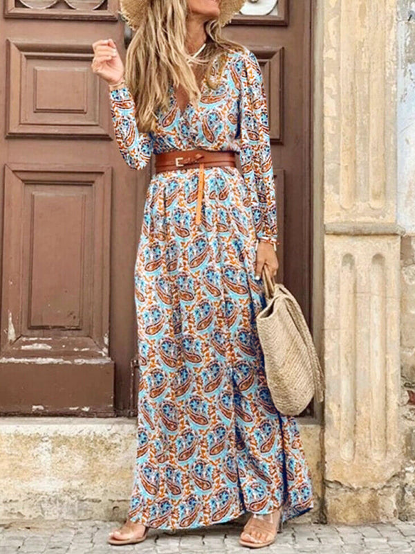 Women'S Floral Long-Sleeved V-Neck Dress