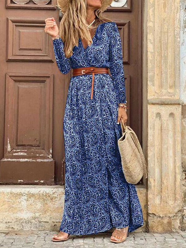 Women'S Floral Long-Sleeved V-Neck Dress