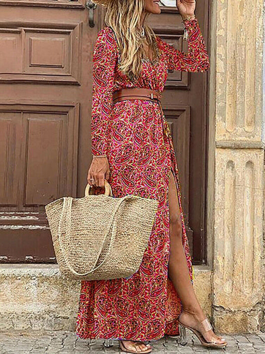 Women'S Floral Long-Sleeved V-Neck Dress