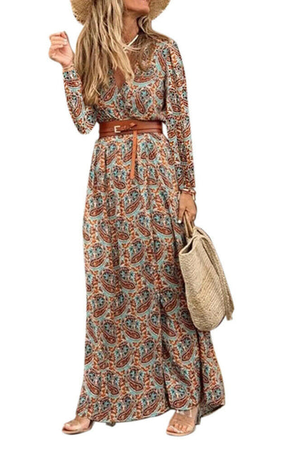 Women's V-neck long-sleeved printed long dress (with belt)