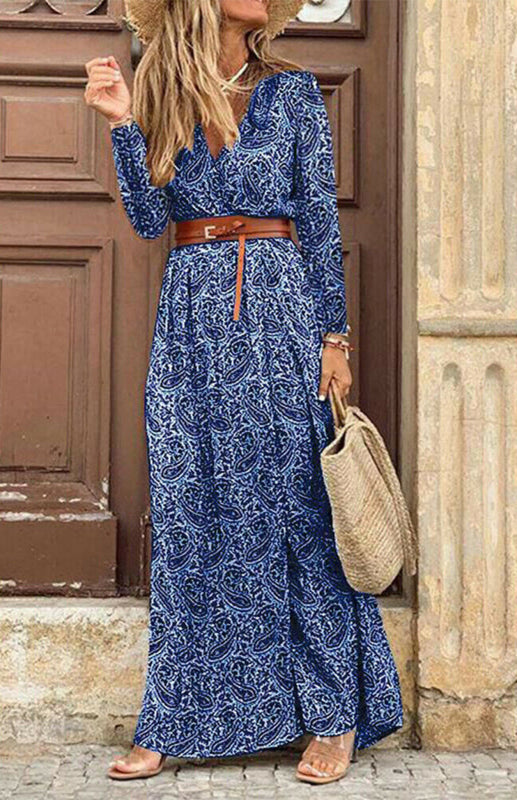 Women's V-neck long-sleeved printed long dress (with belt)