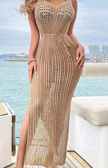 Sexy V-Neck Hollow Backless Hem Slit Sleeveless Dress Bikini Knit Cover-Up