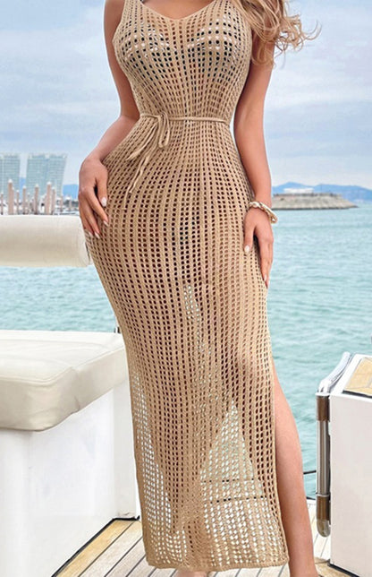 Sexy V-Neck Hollow Backless Hem Slit Sleeveless Dress Bikini Knit Cover-Up