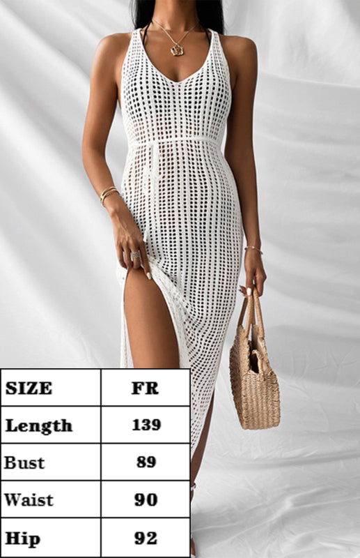 Sexy V-Neck Hollow Backless Hem Slit Sleeveless Dress Bikini Knit Cover-Up