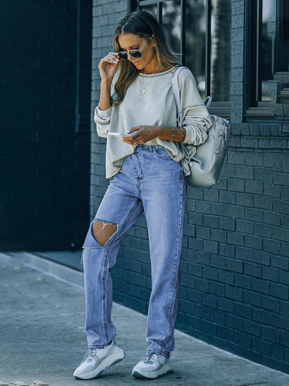 Women's Irregularly Ripped Denim Trousers