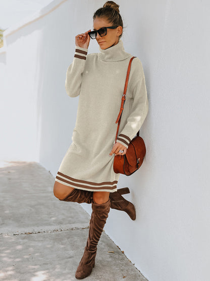 Women's high neck long sleeve skirt knitted dress