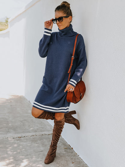 Women's high neck long sleeve skirt knitted dress