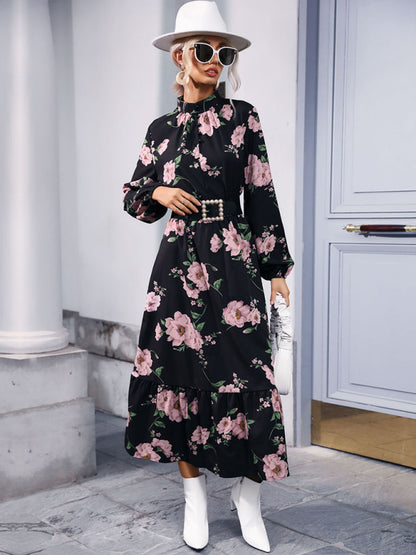 Women's print long sleeve half high neck long dress dress