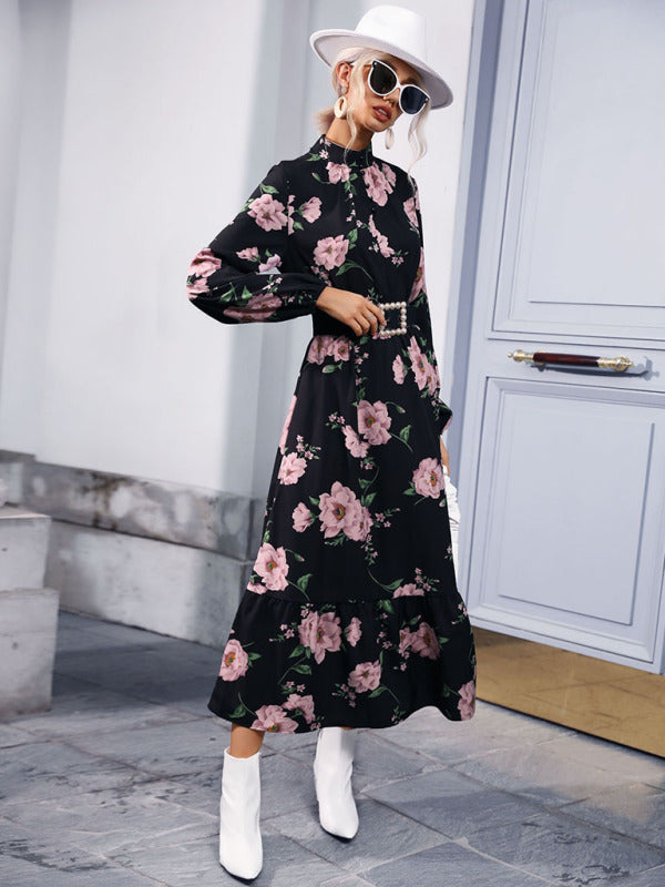 Women's print long sleeve half high neck long dress dress