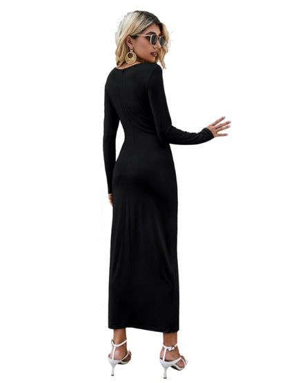 Women's long-sleeved V-neck waist-skimming pleated dress