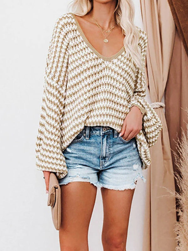 Wavy Striped Sexy Puff Sleeve Loose Knit Sweater Sweater