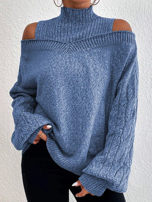 Women's Solid color turtleneck cut-out off-the-shoulder long-sleeved sweater