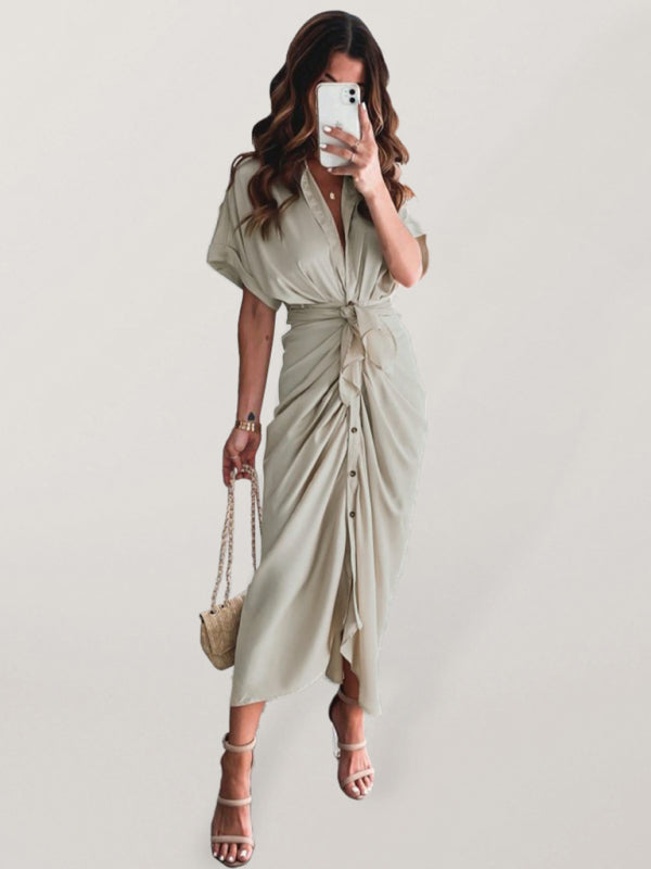 Women's Solid color pleated short sleeve shirt dress