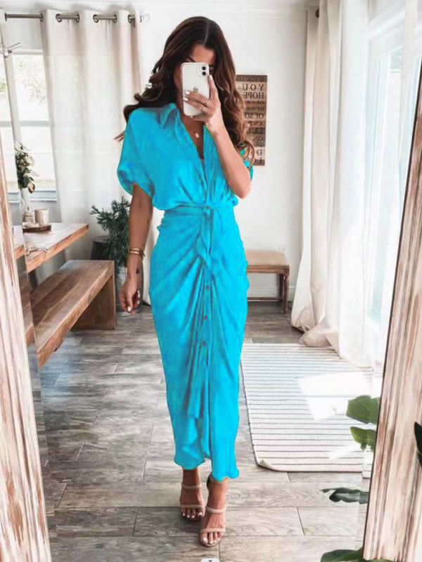 Women's Solid color pleated short sleeve shirt dress