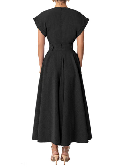 Women's Solid Color Retro Elegant V-Neck Wrapped Sleeves Narrow Waist Stitching Dress