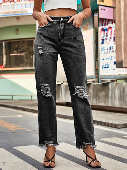 New style denim style ripped trousers women's casual pants