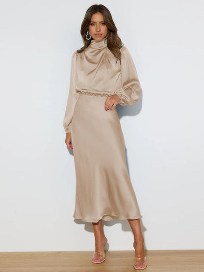 Elegant elegant women's satin long sleeve loose dress