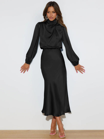 Elegant elegant women's satin long sleeve loose dress