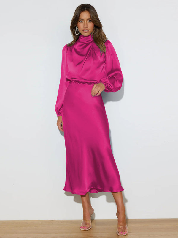 Elegant elegant women's satin long sleeve loose dress