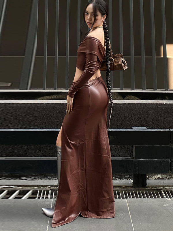 New gathered imitation leather crop top   tight slit hip skirt suit