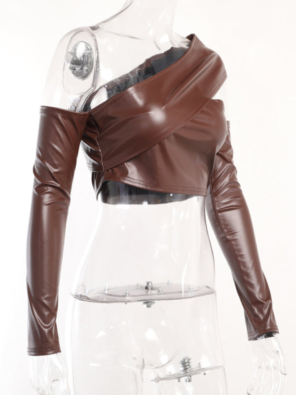 New gathered imitation leather crop top   tight slit hip skirt suit