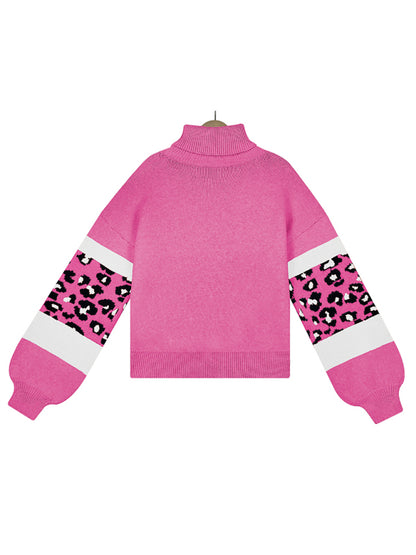 Women's loose turtleneck long sleeve leopard print sweater