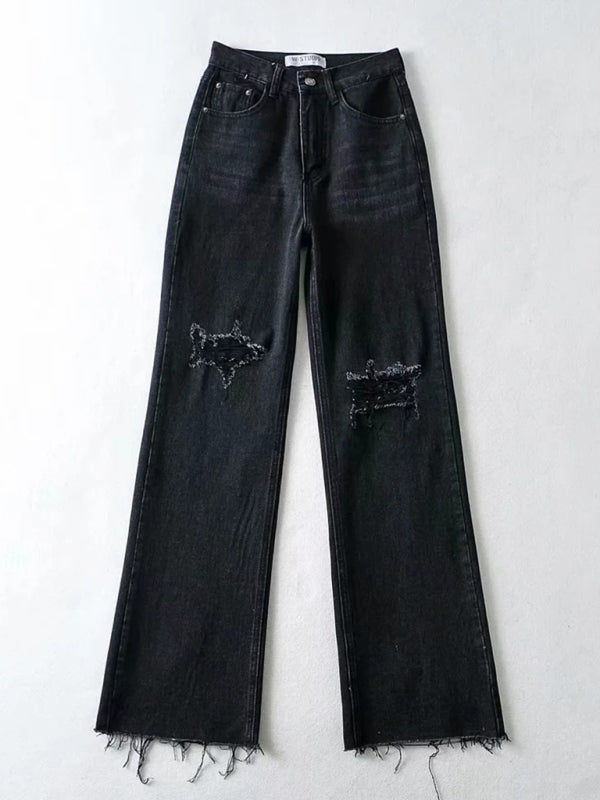 Street loose jeans, ripped raw edge straight pants, floor mopping pants