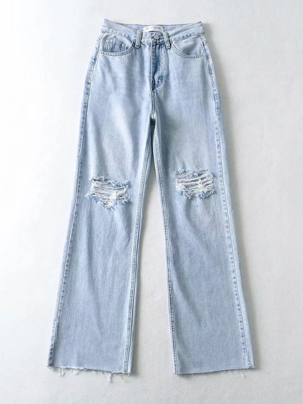 Street loose jeans, ripped raw edge straight pants, floor mopping pants