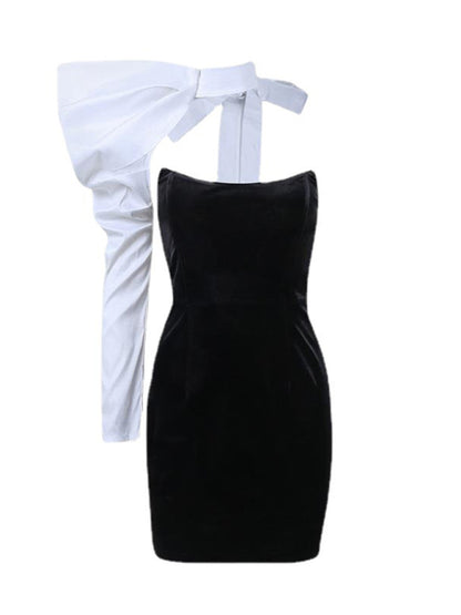 New style one-shoulder bow tube top two-piece fishbone slim dress