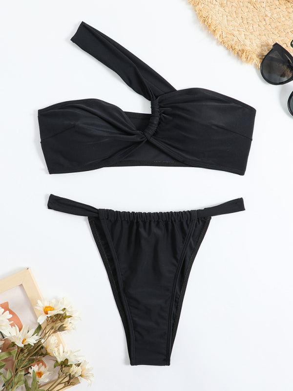 New solid color split swimsuit one shoulder slant shoulder solid color bikini