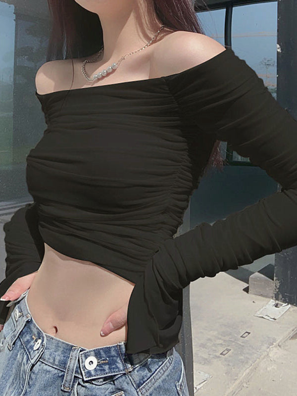 Off-the-shoulder slim-fit mesh bell-sleeved long-sleeved navel-baring T-shirt