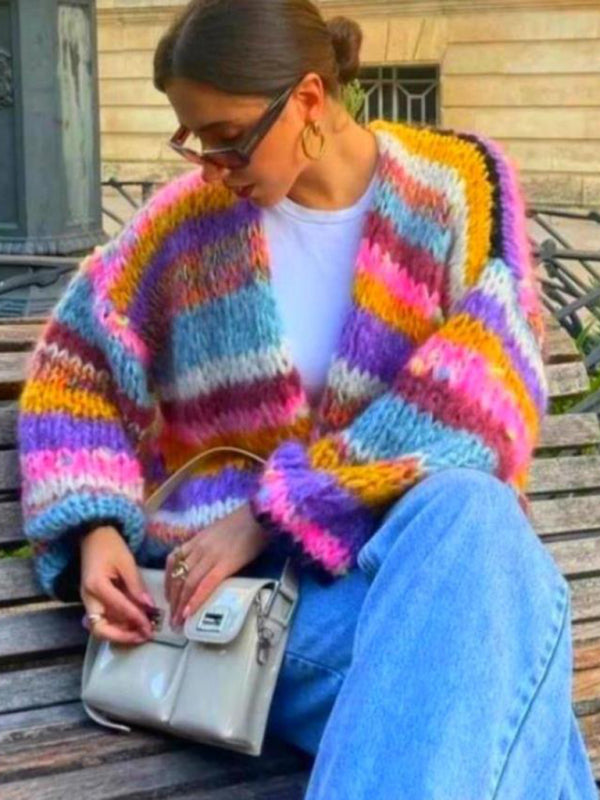 Striped long-sleeved rainbow plaid heavy handmade versatile cardigan sweater