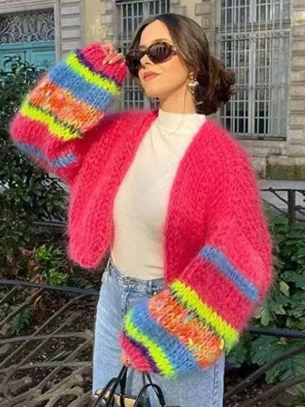 Striped long-sleeved rainbow plaid heavy handmade versatile cardigan sweater