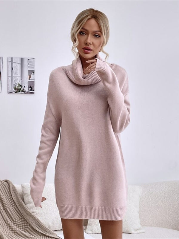 Women's new solid color loose turtleneck knitted sweater dress