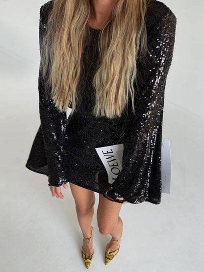 Women's sequin bell sleeve fashionable casual shiny dress