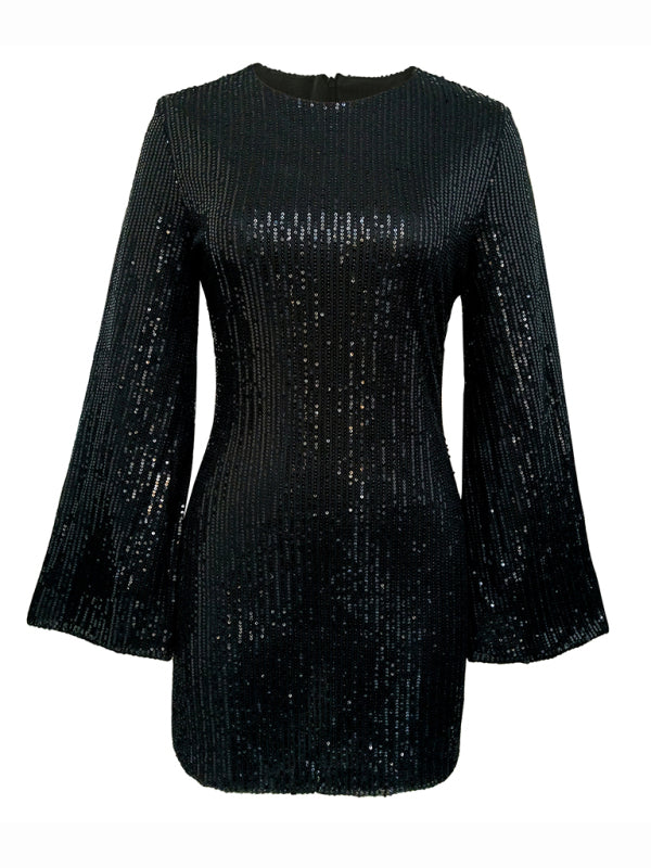 Women's sequin bell sleeve fashionable casual shiny dress