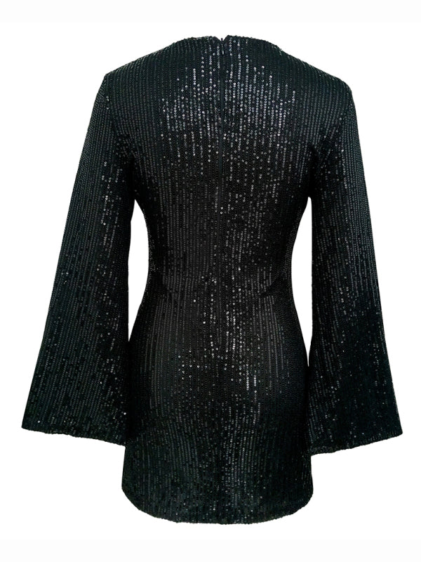 Women's sequin bell sleeve fashionable casual shiny dress