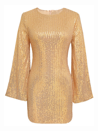 Women's sequin bell sleeve fashionable casual shiny dress